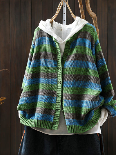 Women Autumn Stripe O-Neck Knitted Sweater Coat