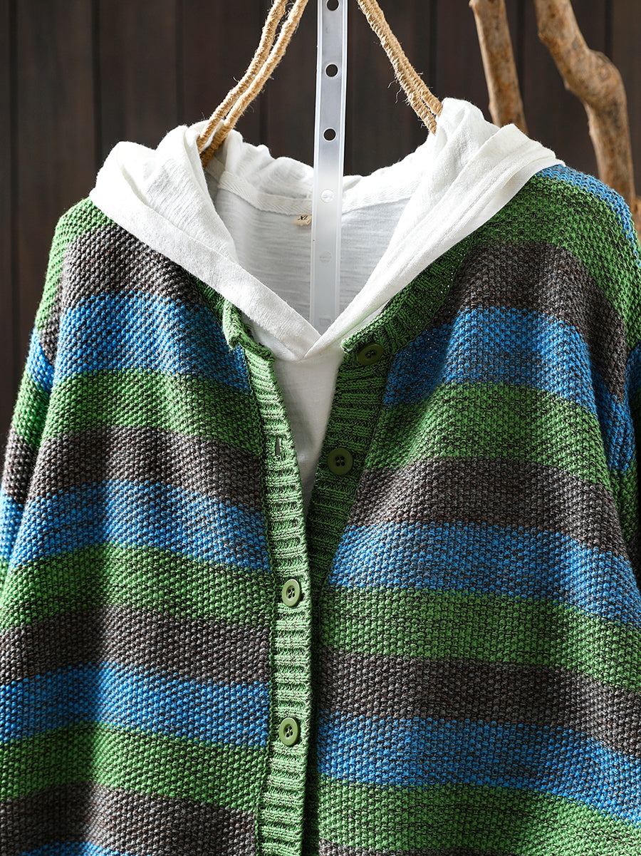 Women Autumn Stripe O-Neck Knitted Sweater Coat