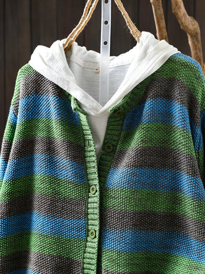 Women Autumn Stripe O-Neck Knitted Sweater Coat