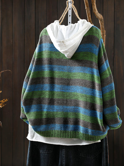 Women Autumn Stripe O-Neck Knitted Sweater Coat