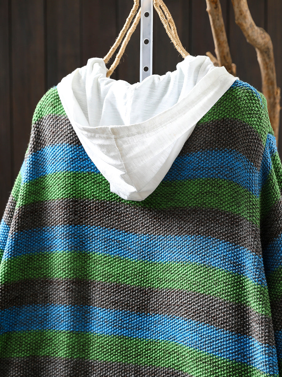 Women Autumn Stripe O-Neck Knitted Sweater Coat