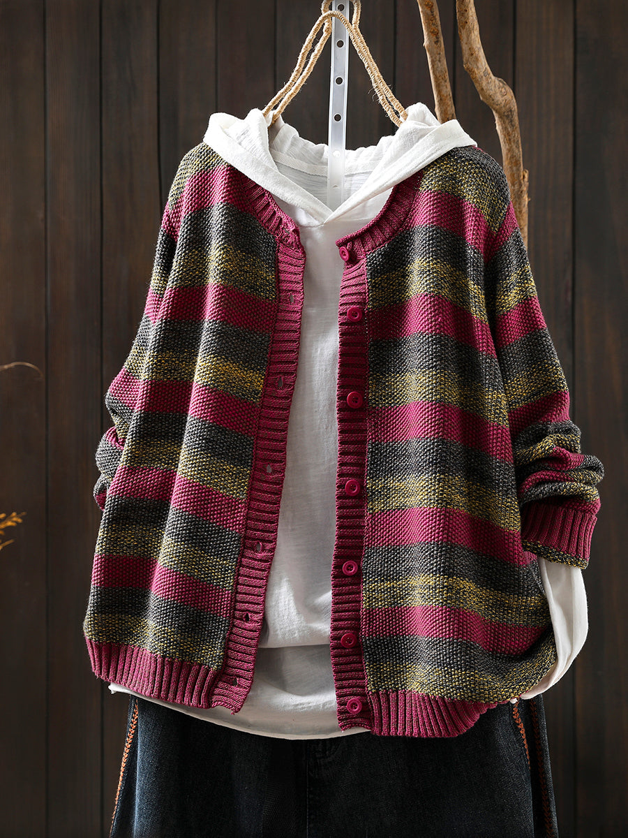Women Autumn Stripe O-Neck Knitted Sweater Coat