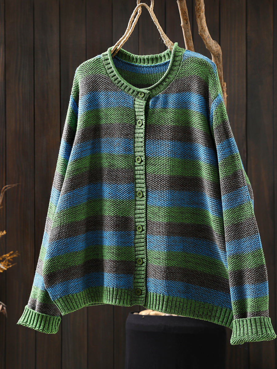 Women Autumn Stripe O-Neck Knitted Sweater Coat