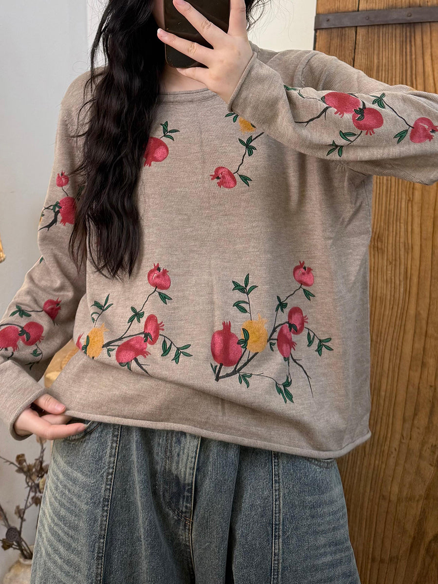 Women Autumn Vintage Floer Knitted O-Neck Blouse