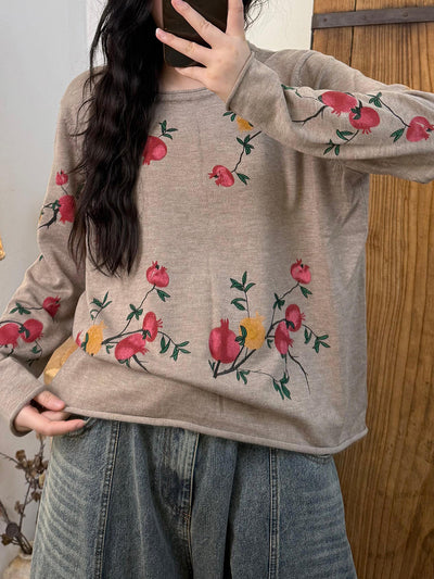 Women Autumn Vintage Floer Knitted O-Neck Blouse