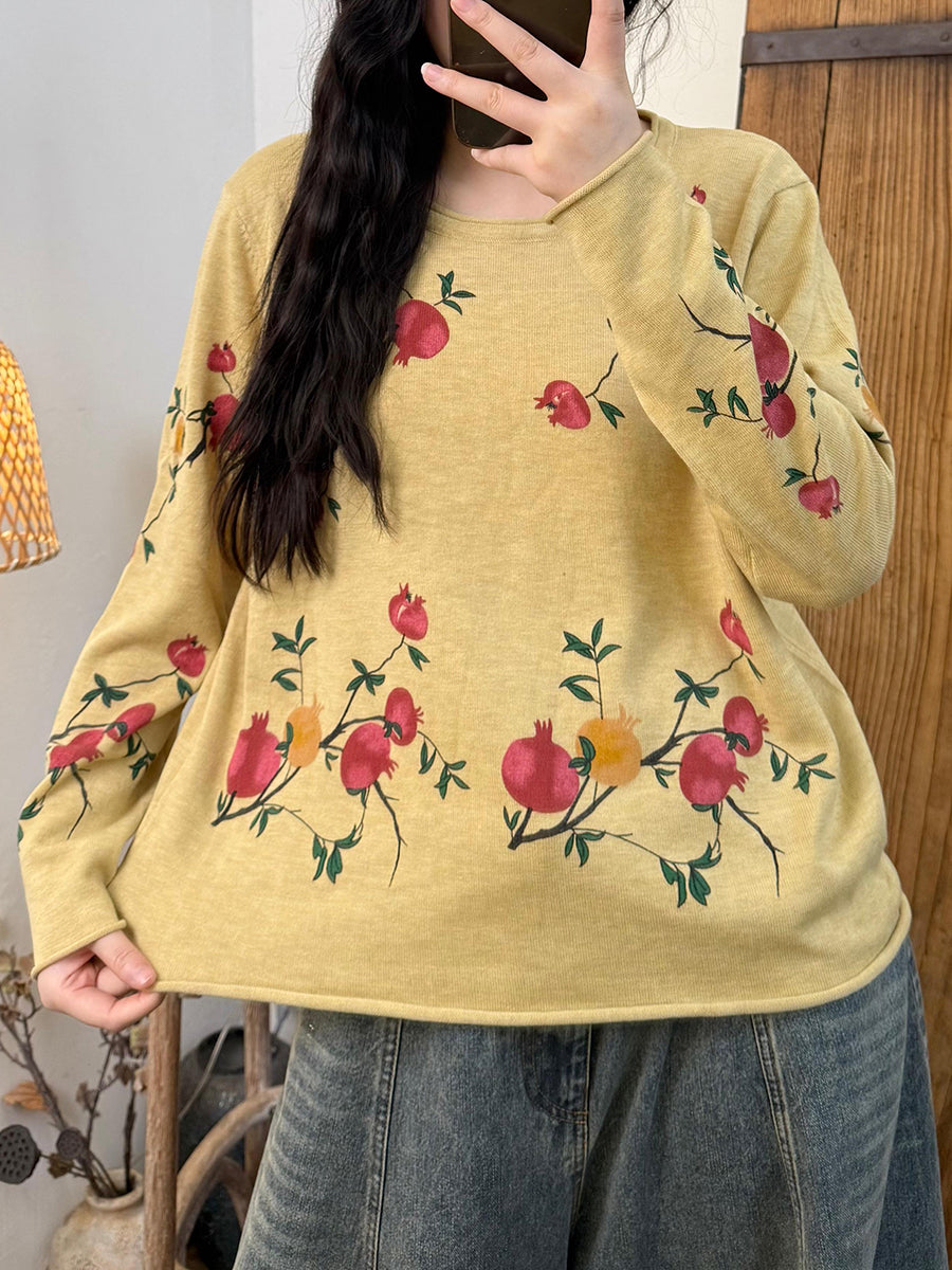 Women Autumn Vintage Floer Knitted O-Neck Blouse