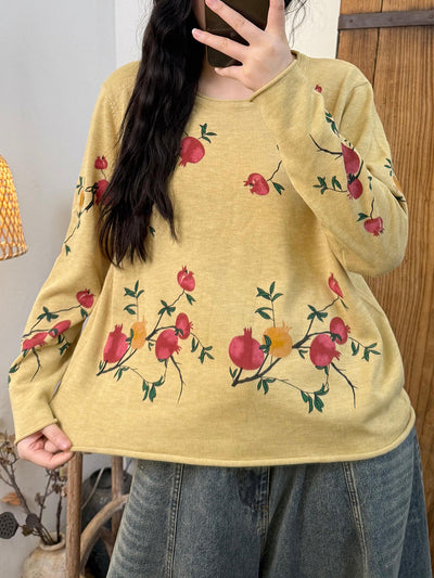 Women Autumn Vintage Floer Knitted O-Neck Blouse