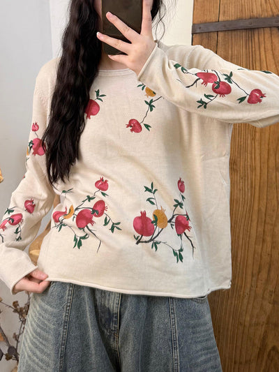 Women Autumn Vintage Floer Knitted O-Neck Blouse