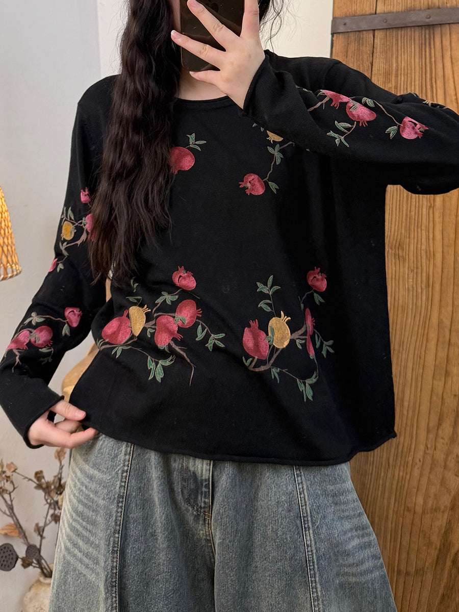 Women Autumn Vintage Floer Knitted O-Neck Blouse