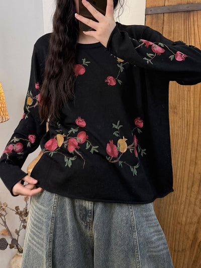 Women Autumn Vintage Floer Knitted O-Neck Blouse