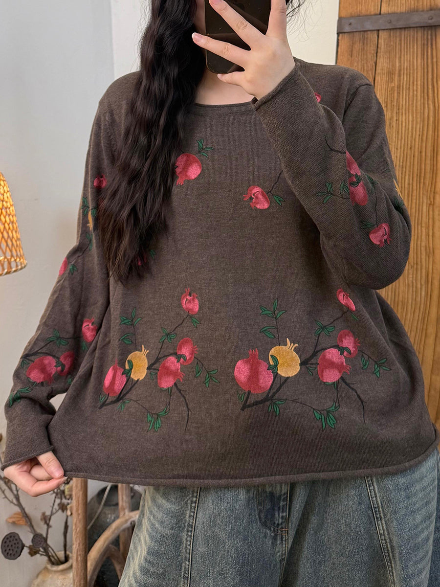 Women Autumn Vintage Floer Knitted O-Neck Blouse