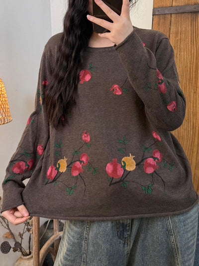 Women Autumn Vintage Floer Knitted O-Neck Blouse
