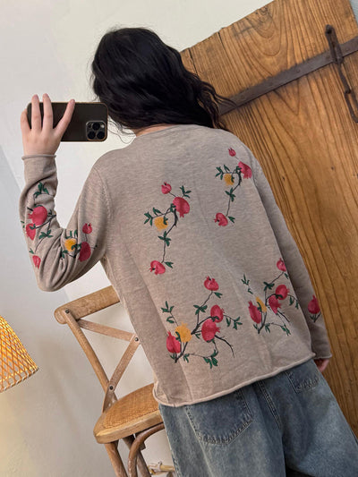 Women Autumn Vintage Floer Knitted O-Neck Blouse