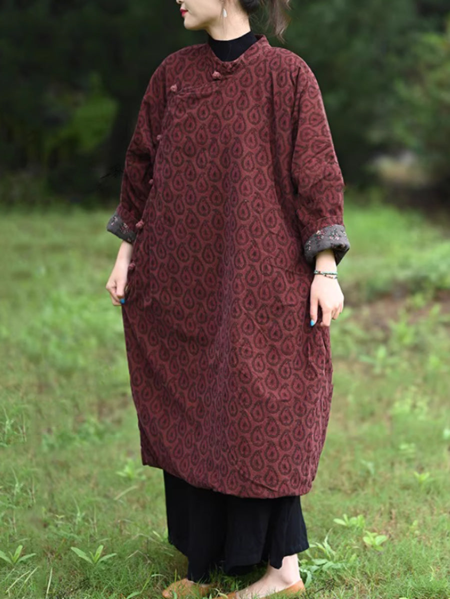 Women Autumn Ethnic Print Stand Collar Dress