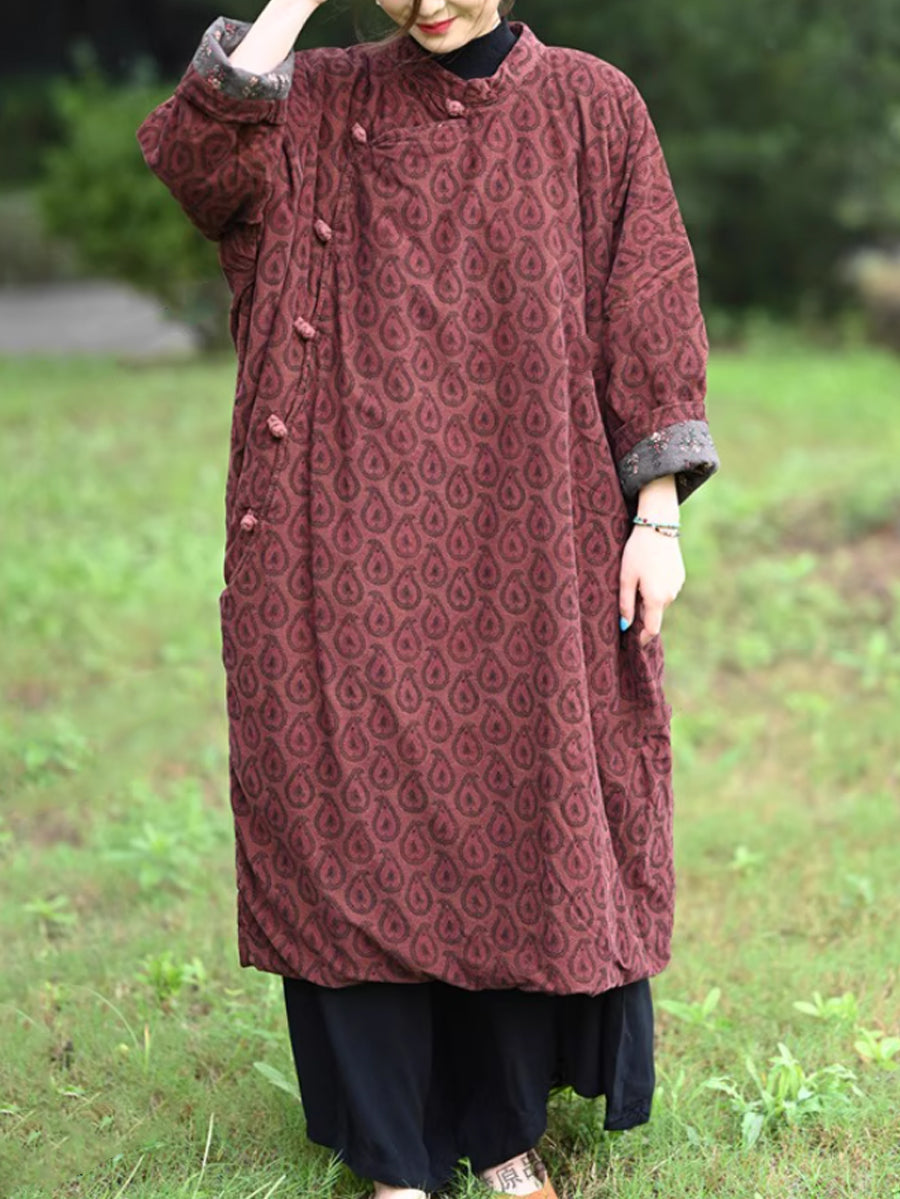 Women Autumn Ethnic Print Stand Collar Dress