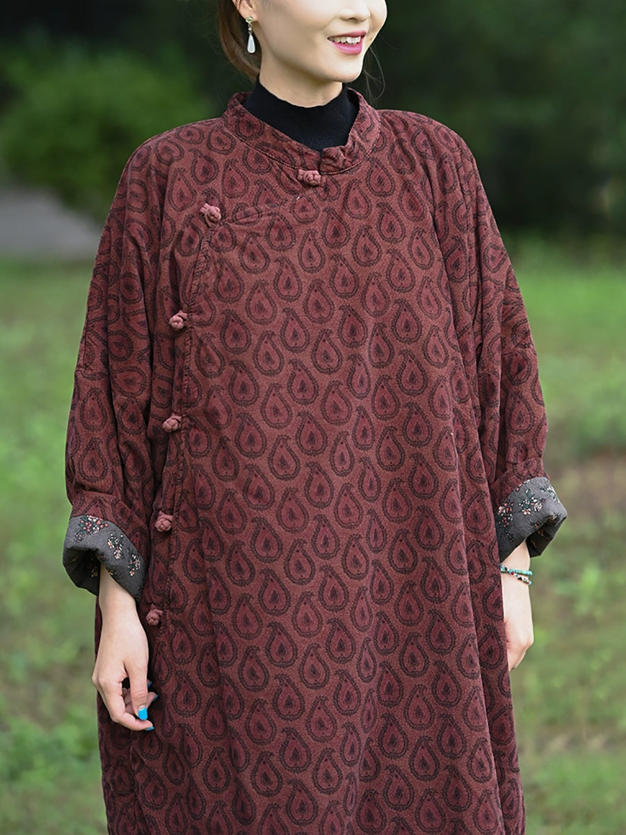 Women Autumn Ethnic Print Stand Collar Dress