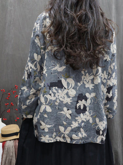 Women Autumn Vintage Flower 100%Linen O-Neck Shirt