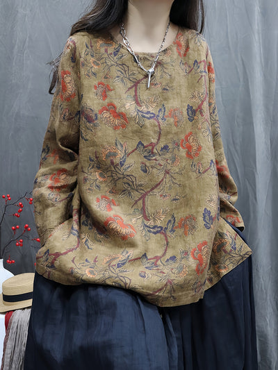 Women Autumn Vintage Flower 100%Linen O-Neck Shirt