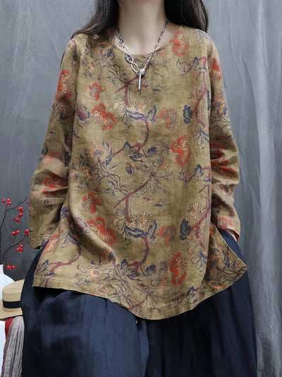 Women Autumn Vintage Flower 100%Linen O-Neck Shirt