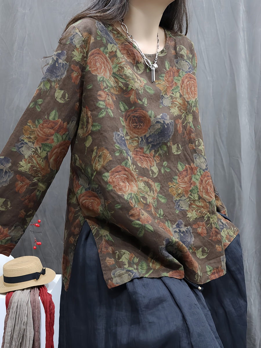 Women Autumn Vintage Flower 100%Linen O-Neck Shirt