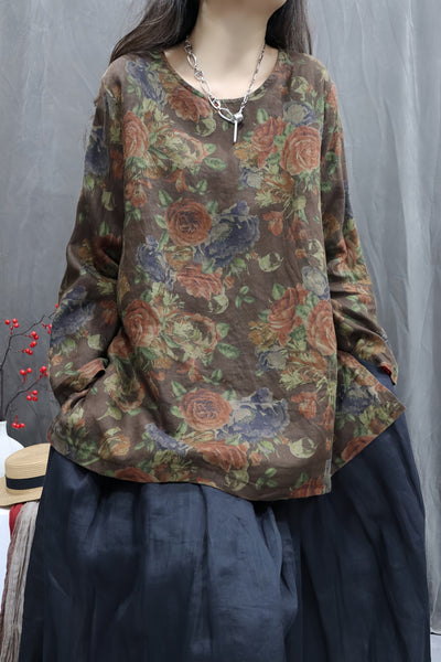 Women Autumn Vintage Flower 100%Linen O-Neck Shirt
