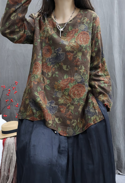 Women Autumn Vintage Flower 100%Linen O-Neck Shirt
