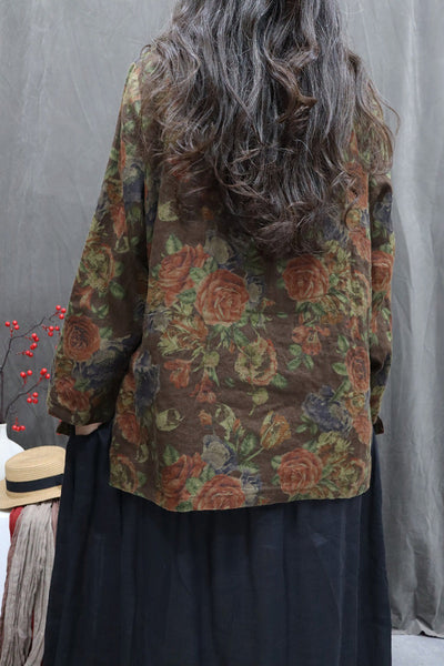 Women Autumn Vintage Flower 100%Linen O-Neck Shirt