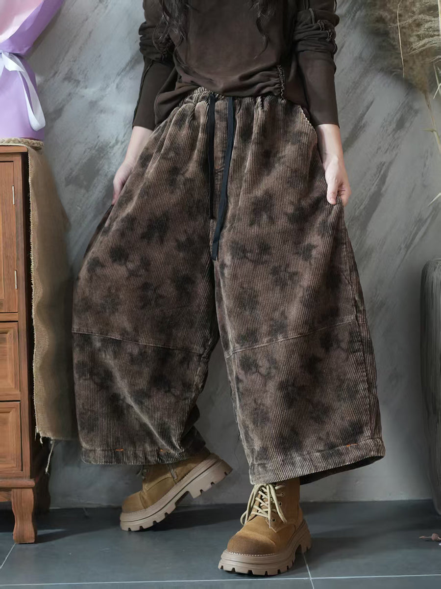 Women Autumn Retro Flower Embroidery Wide-leg Pants