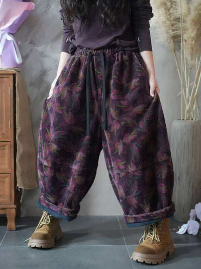 Women Autumn Retro Flower Embroidery Wide-leg Pants
