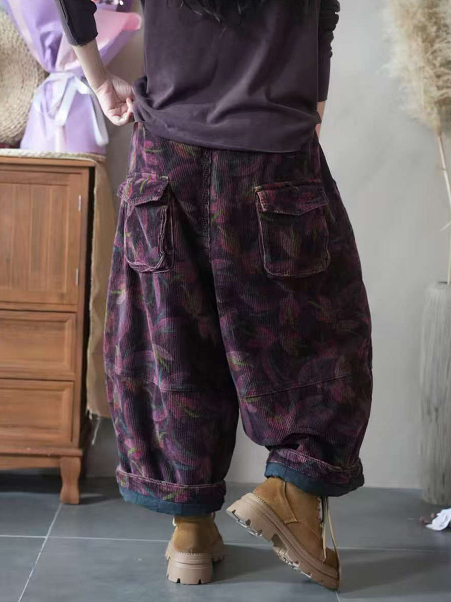 Women Autumn Retro Flower Embroidery Wide-leg Pants