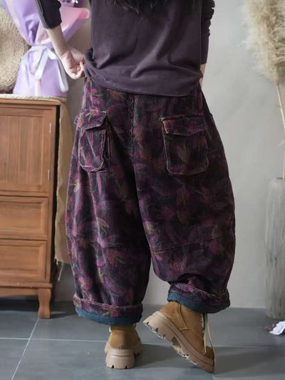 Women Autumn Retro Flower Embroidery Wide-leg Pants