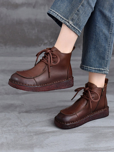 Women Winter Pure Color Genuine Leather Flat Ankle Boots