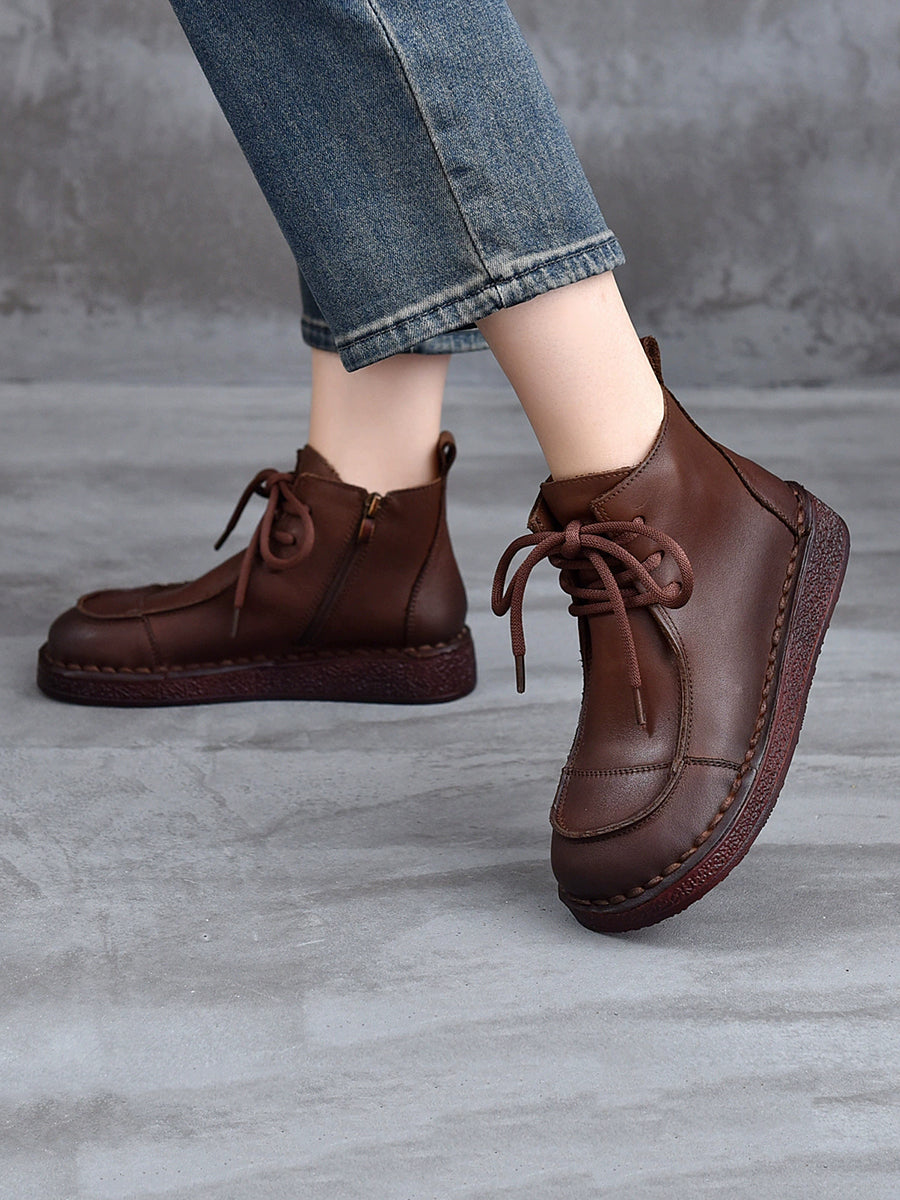 Women Winter Pure Color Genuine Leather Flat Ankle Boots