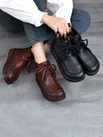 Women Winter Pure Color Genuine Leather Flat Ankle Boots