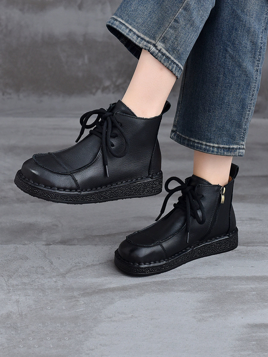 Women Winter Pure Color Genuine Leather Flat Ankle Boots