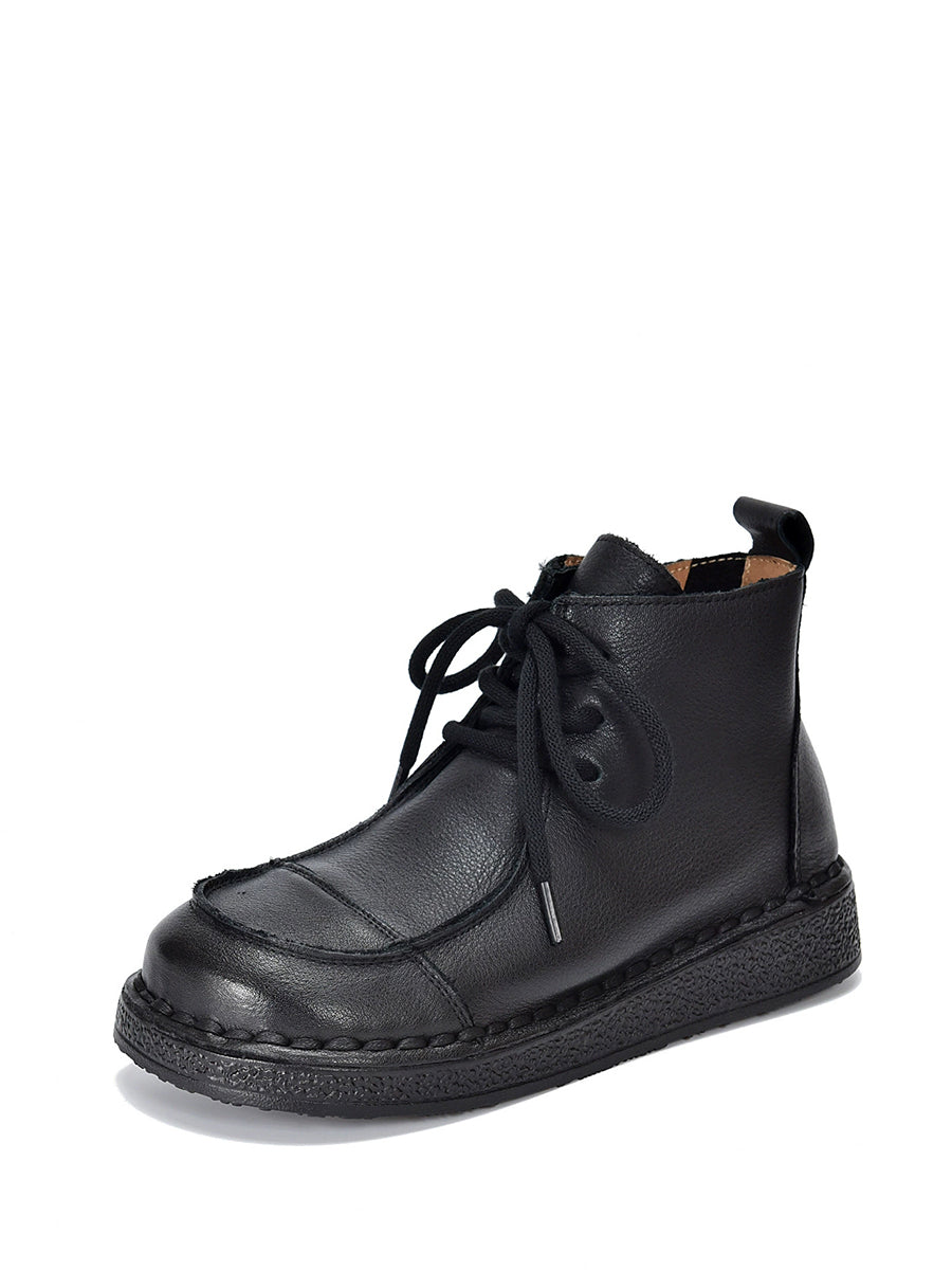 Women Winter Pure Color Genuine Leather Flat Ankle Boots