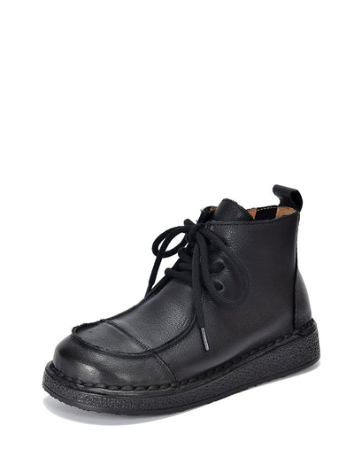 Women Winter Pure Color Genuine Leather Flat Ankle Boots