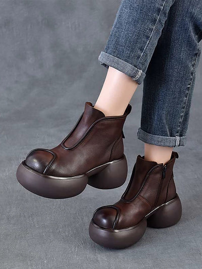 Women Winter Pure Color Leather Platform Ankle Boots