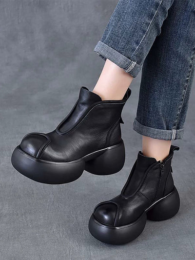 Women Winter Pure Color Leather Platform Ankle Boots