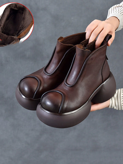 Women Winter Pure Color Leather Platform Ankle Boots