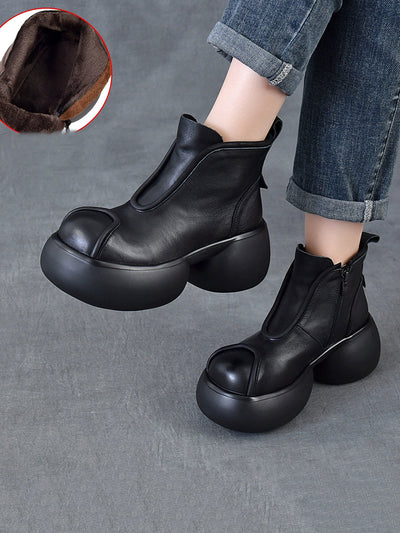 Women Winter Pure Color Leather Platform Ankle Boots