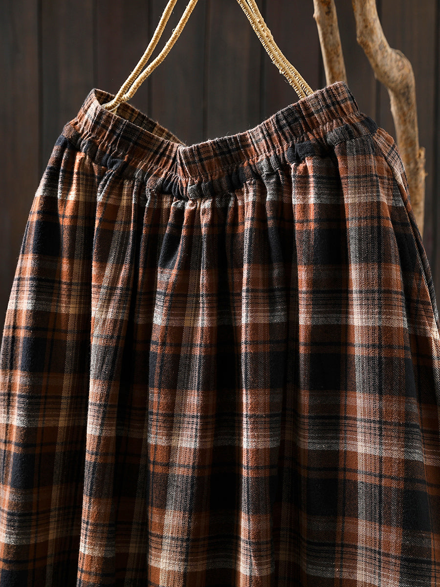 Women Autumn Vintage Plaid  A-Shape 100%Cotton Skirt