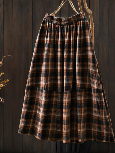 Women Autumn Vintage Plaid  A-Shape 100%Cotton Skirt