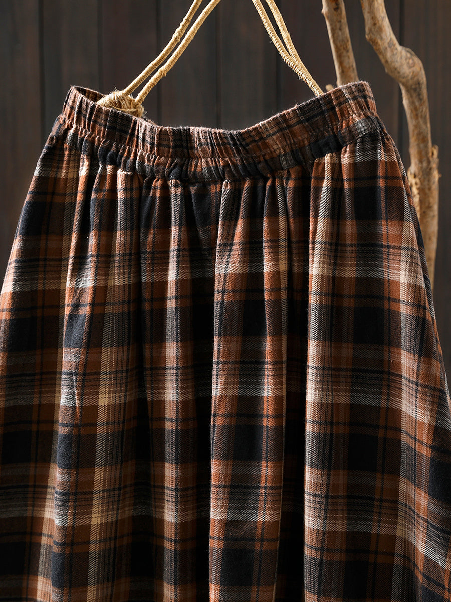 Women Autumn Vintage Plaid  A-Shape 100%Cotton Skirt