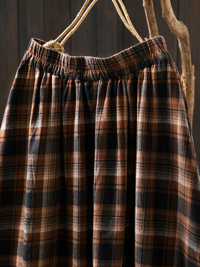 Women Autumn Vintage Plaid  A-Shape 100%Cotton Skirt