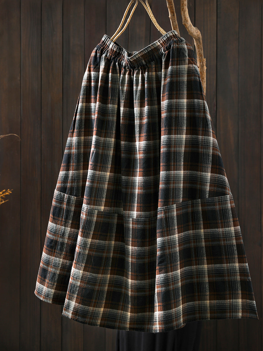 Women Autumn Vintage Plaid  A-Shape 100%Cotton Skirt