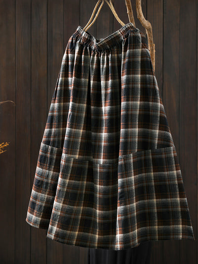 Women Autumn Vintage Plaid  A-Shape 100%Cotton Skirt