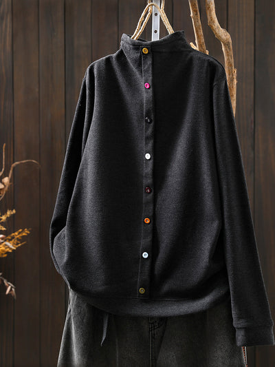 Women Autumn Pure Color Cotton Half-Turtleneck Blouse