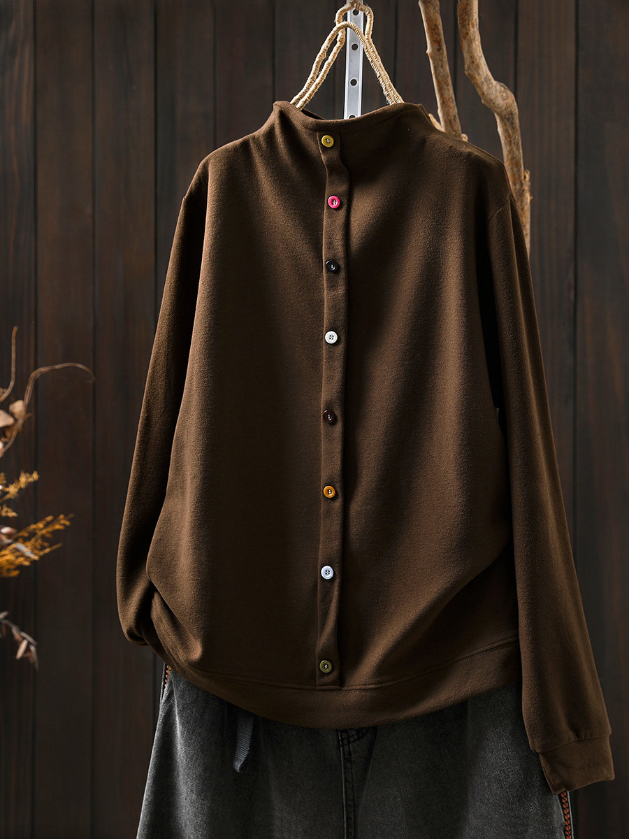 Women Autumn Pure Color Cotton Half-Turtleneck Blouse