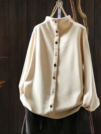 Women Autumn Pure Color Cotton Half-Turtleneck Blouse